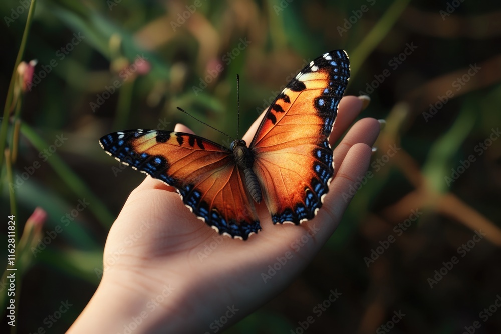 A person gently grasping a butterfly's wings A person gently grasping a butterfly's wings