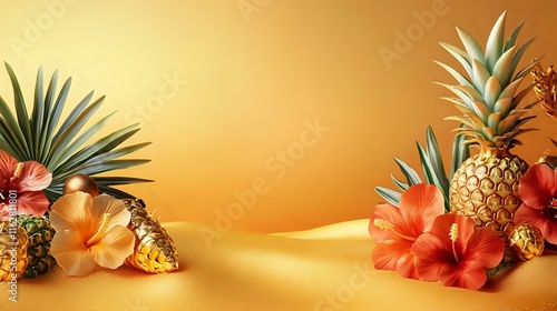 Tropical Christmas and New Year banner with festive pineapples, hibiscus flowers and golden sand under a sunset orange background photo