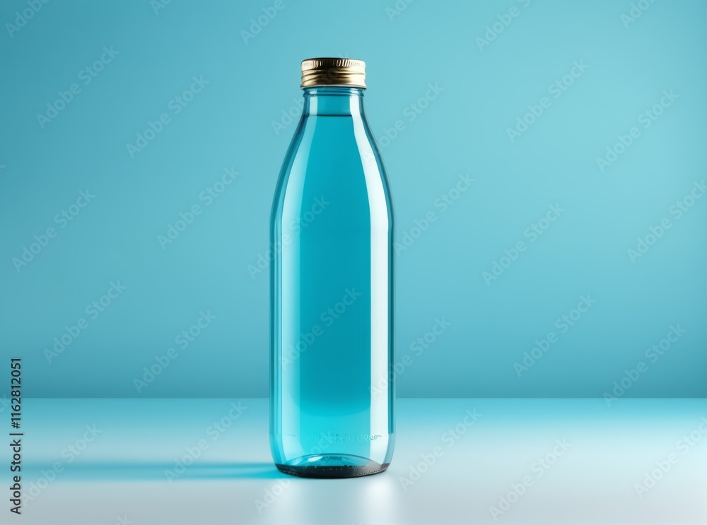 Brightly colored bottle filled with water against a turquoise backdrop in a minimalist setting Brightly colored bottle filled with water against a turquoise backdrop in a minimalist setting