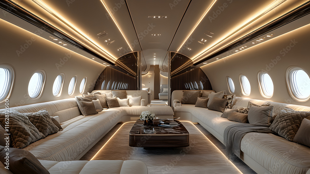 Fototapeta premium opulent private jet interior featuring plush lounge seating, ambient lighting, and a sophisticated design. A perfect blend of luxury, comfort, and modern elegance.