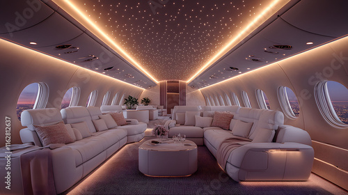 stunning private jet interior featuring plush seating, ambient lighting, and a starlit ceiling. The epitome of modern luxury and comfort for exclusive travel experiences. photo