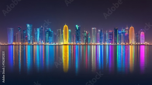 Vibrant City Skyline at Night with Reflections photo