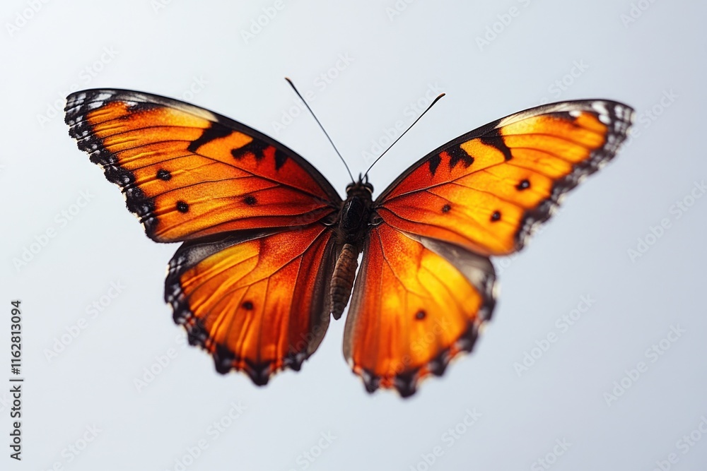 A vibrant orange butterfly soaring through the air A vibrant orange butterfly soaring through the air