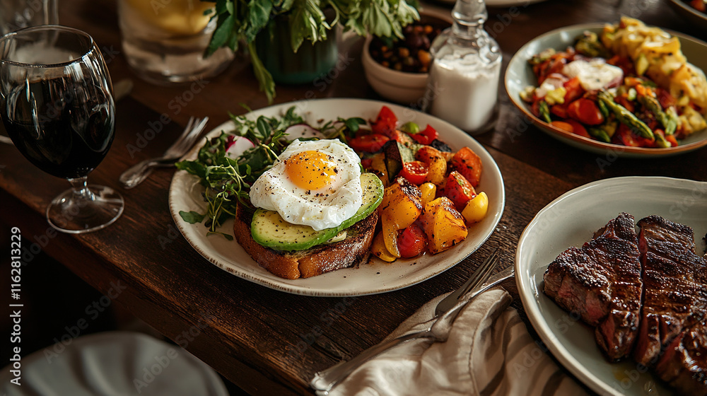 Marbled beef steak grilled with veggies, topped with a fried egg. Marbled beef steak grilled with veggies, topped with a fried egg.