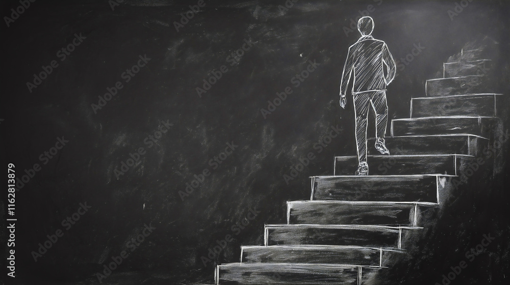 Business success concept blackboard sketch, career growth staircase drawing with chalk leadership development steps Business success concept blackboard sketch, career growth staircase drawing with chalk leadership development steps