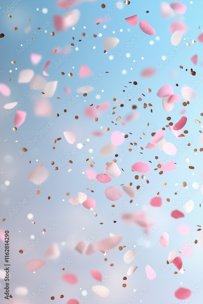 Glitter gold and pink confetti blurry blue background , celebratory design. Glitter gold and pink confetti blurry blue background , celebratory design.