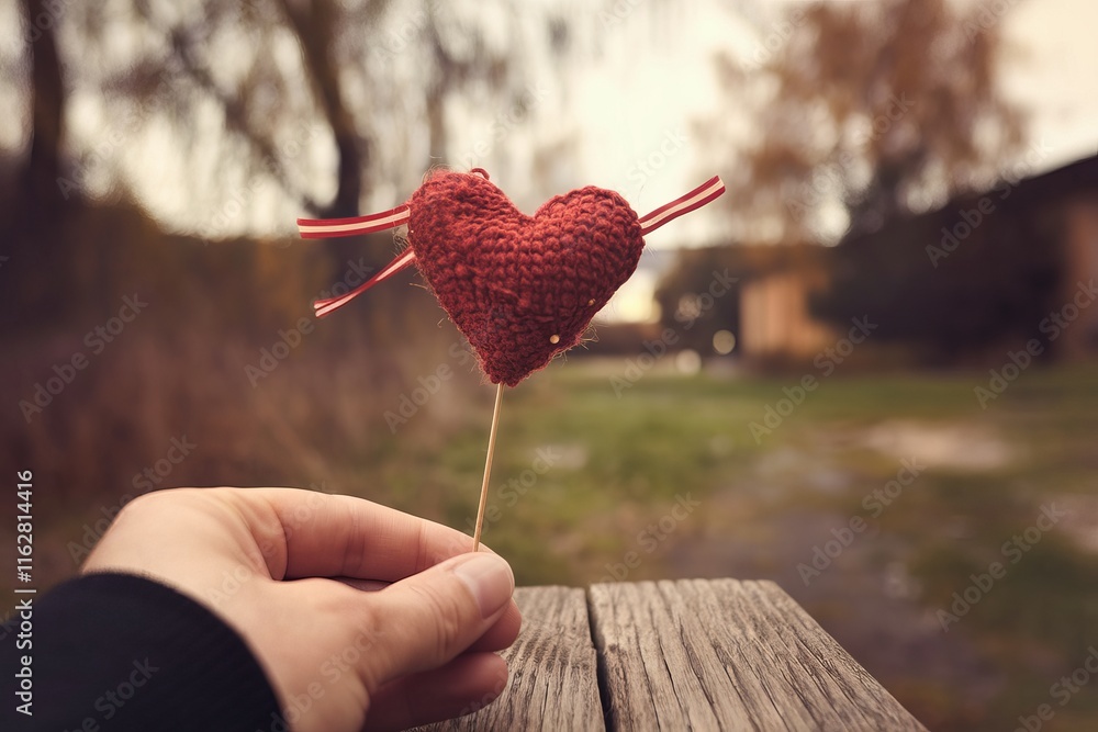A person holds a knitted red heart, symbolizing love and affection, against a blurred, natural outdoor background. The heart's vibrant red contrasts beautifully with the serene setting A person holds a knitted red heart, symbolizing love and affection, against a blurred, natural outdoor background. The heart's vibrant red contrasts beautifully with the serene setting