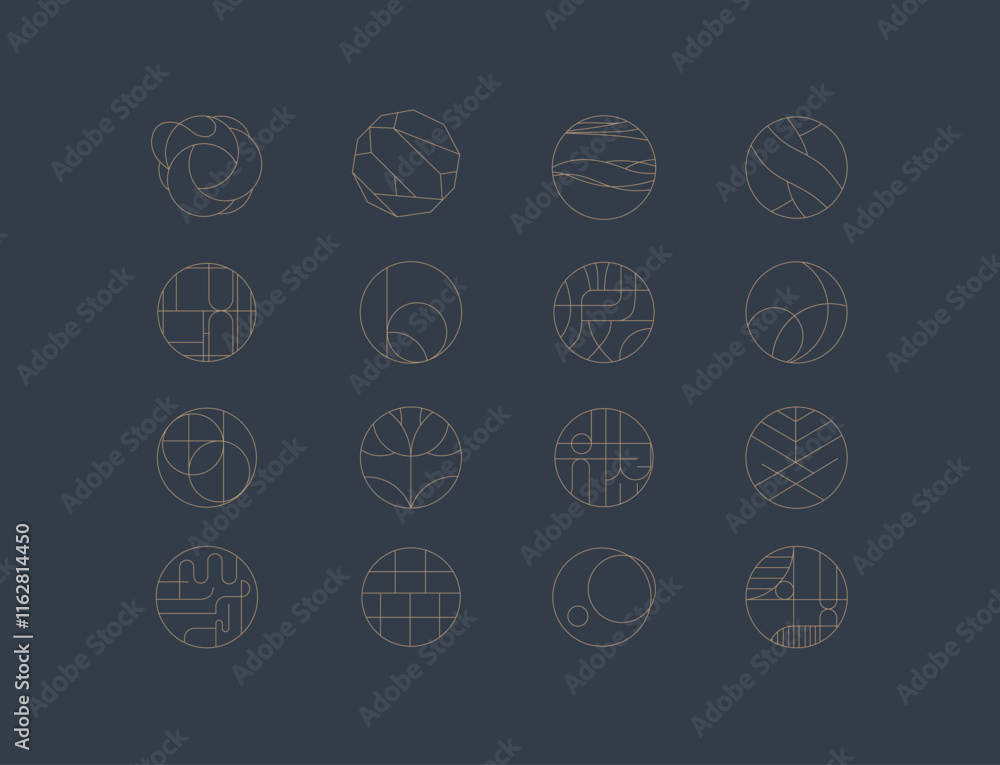Circle shape icons drawing linear art style on blue background