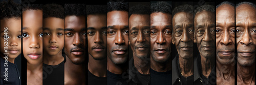 Collage portrays the gradual aging of a male, visually documenting the passage of time as he evolves from a vibrant young boy into a weathered elder, each stage reflecting the changes in his features