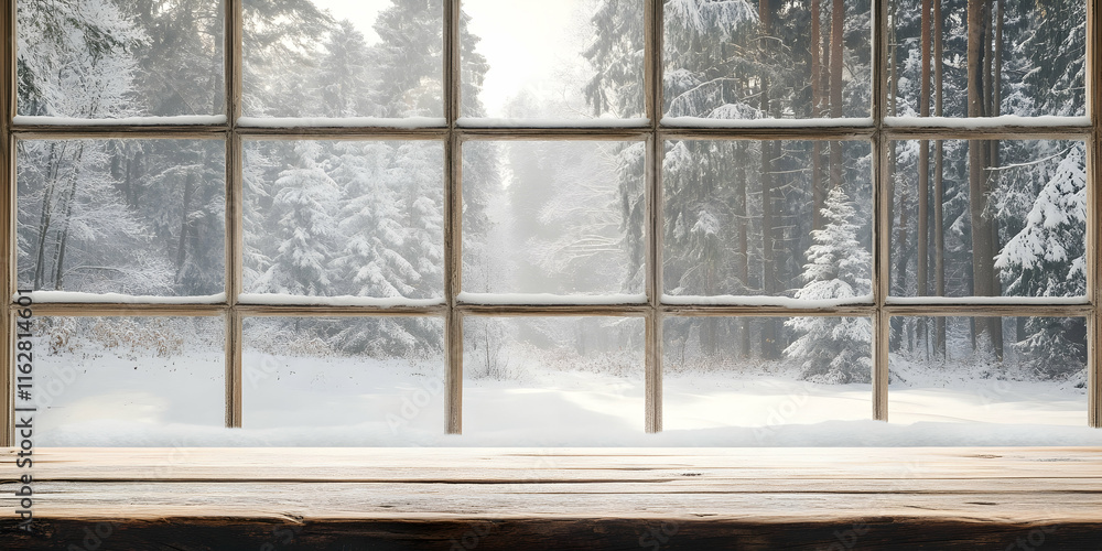 Naklejka premium Snowy forest scene seen through a window, with a wooden table ready for product display