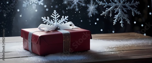 A neatly wrapped gift with natural decorations on a wooden desk surrounded by soft light with delicate snowflakes drifting in the background