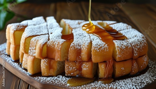 Delicious Torta Frita with Honey Drizzle Served on Wooden Board for Authentic Dessert Experience photo