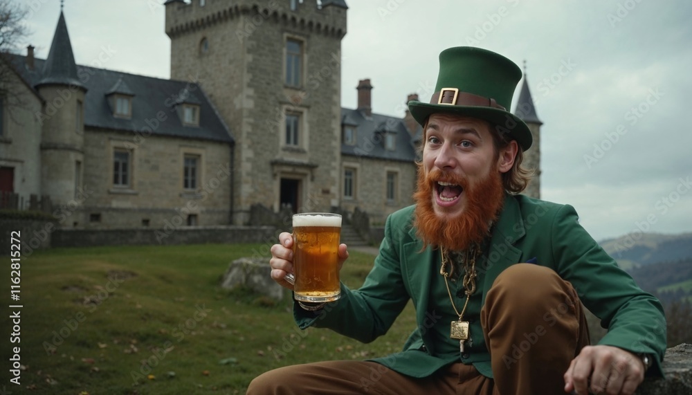 Bearded man dressed as leprechaun holding beer near castle Bearded man dressed as leprechaun holding beer near castle