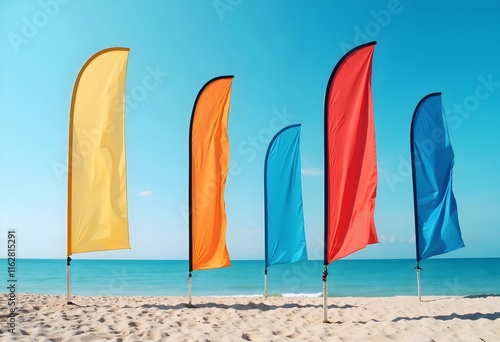 Row of Empty Promotional Feather Flags Ripple in Ocean Breeze with Sky and Beach in Background