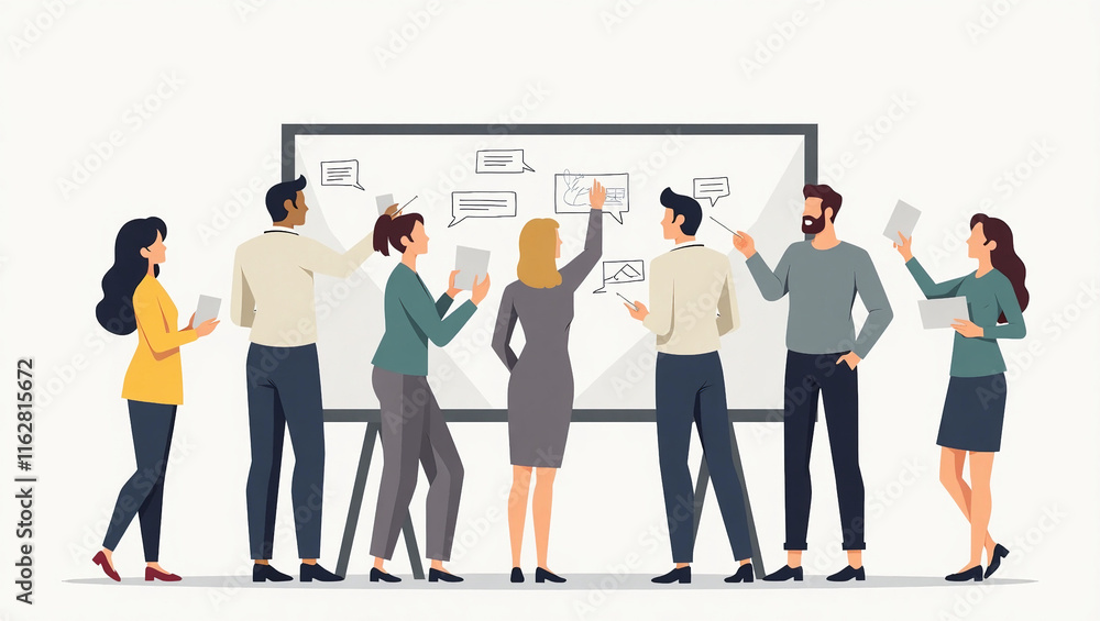 A diverse team collaborating on a large whiteboard.