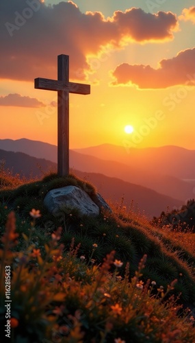 Solitary cross on a hill bathed in the golden hues of sunrise, wood, sunrise