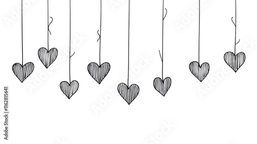 black-and-white hand-drawn illustration of hanging hearts with a textured design and detailed strings. A charming and artistic design for romantic and creative projects.