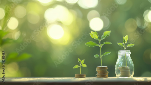 Coins grow on a wooden table in a glass jar. Money grows as a plant tree. Symbolizes financial growth and business success.