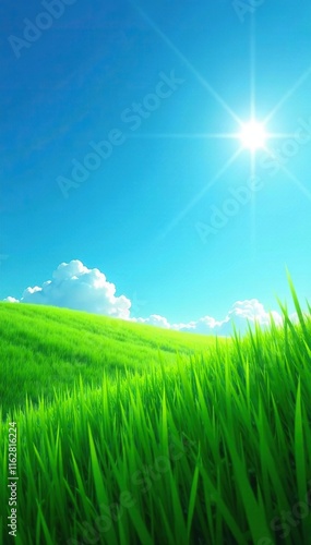 Tall blades of grass stretch towards the blue clear sky with a single sun, grassland, greenery, landscape