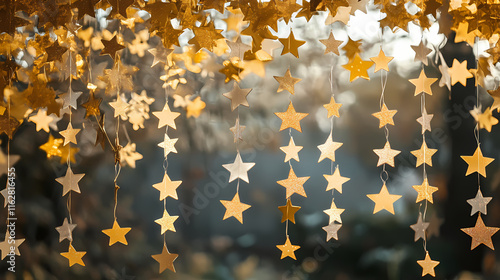 Golden starfall macro photography: elegant festive background for awards. Starfall. Illustration photo