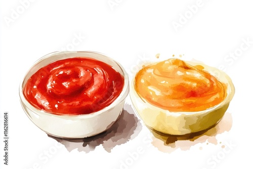 Two bowls containing ketchup and mustard, ready for use photo