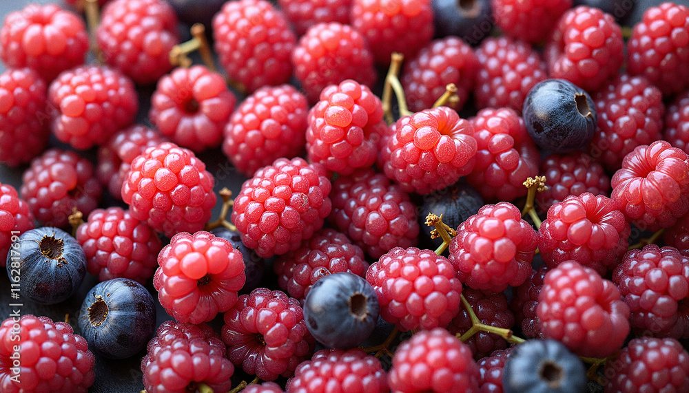Fresh raspberries and blueberries close-up with vibrant colors Fresh raspberries and blueberries close-up with vibrant colors