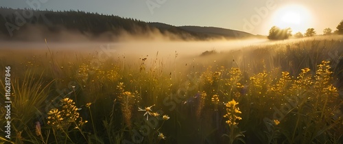 A golden meadow in summer dotted with wildflowers and swaying grasses alive with the buzz of insects capturing the essence of natures bounty