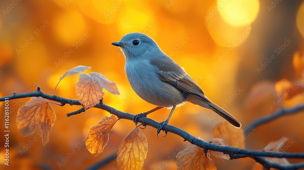 An elegant bird standing on an autumn branch, illuminated by soft golden light, creating a calming image. An elegant bird standing on an autumn branch, illuminated by soft golden light, creating a calming image.