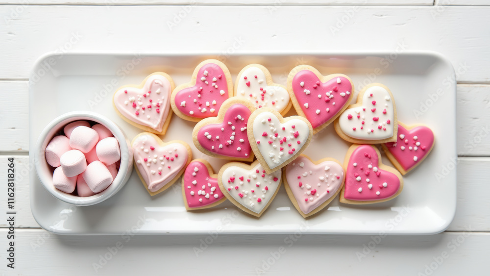Fototapeta premium Heart-Shaped Cookies and Marshmallows on Platter for a Sweet and Romantic Valentine's Day