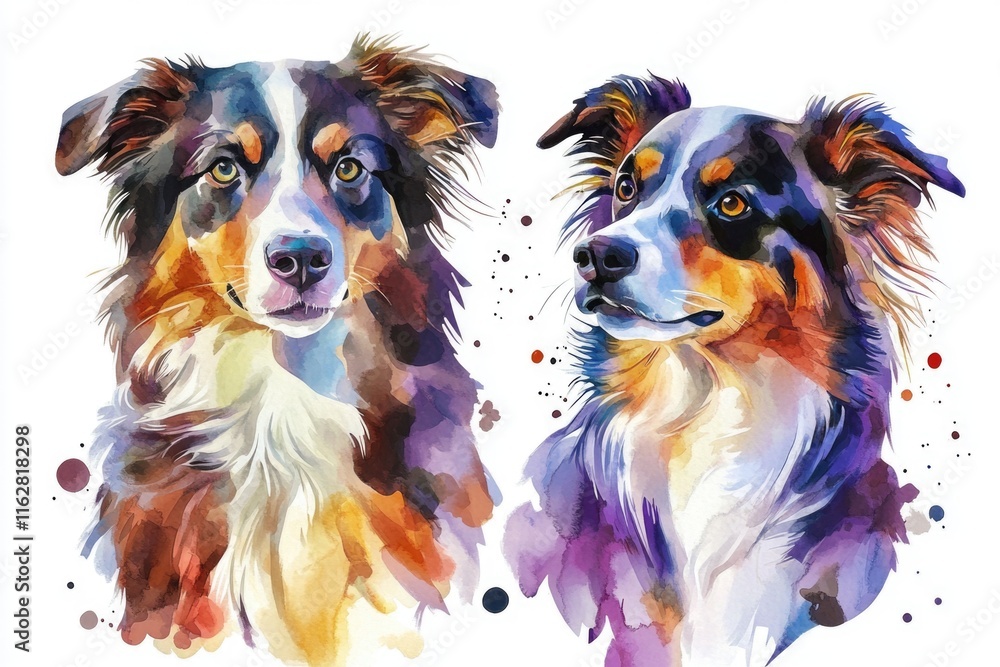 Fototapeta premium Two happy dogs sitting on a white surface