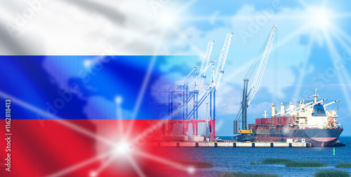 Seaport with flag of Russia...