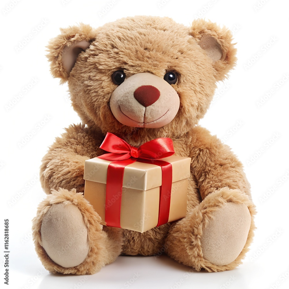 Fototapeta premium Teddy bear with present box with white background