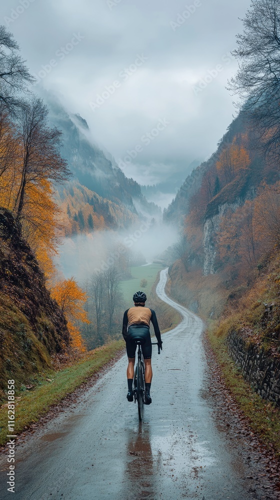 Cyclist travels a winding road through misty mountains surrounded by autumn foliage. Cyclist travels a winding road through misty mountains surrounded by autumn foliage.