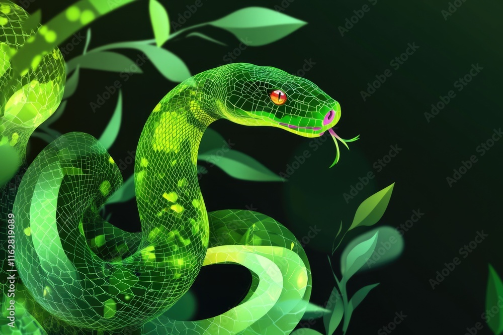 Fototapeta premium A green snake with its mouth open perched on a branch, ready to strike