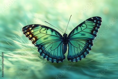 A delicate blue butterfly perches on the top of a fluffy feather, perfect for whimsical illustrations and designs photo