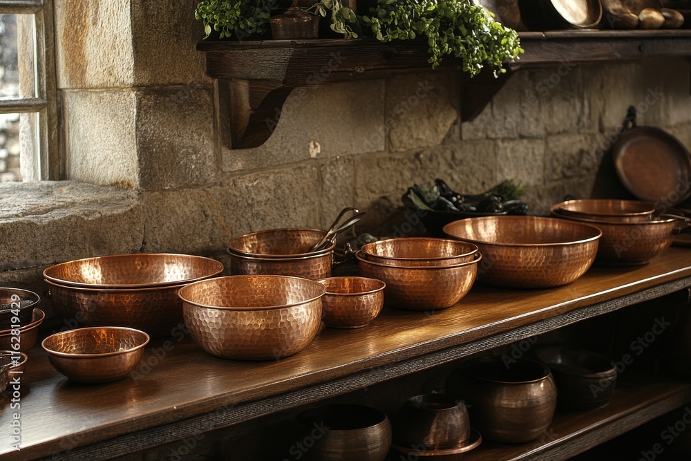 Medieval core kitchen with gothic design and copper cookware Medieval core kitchen with gothic design and copper cookware