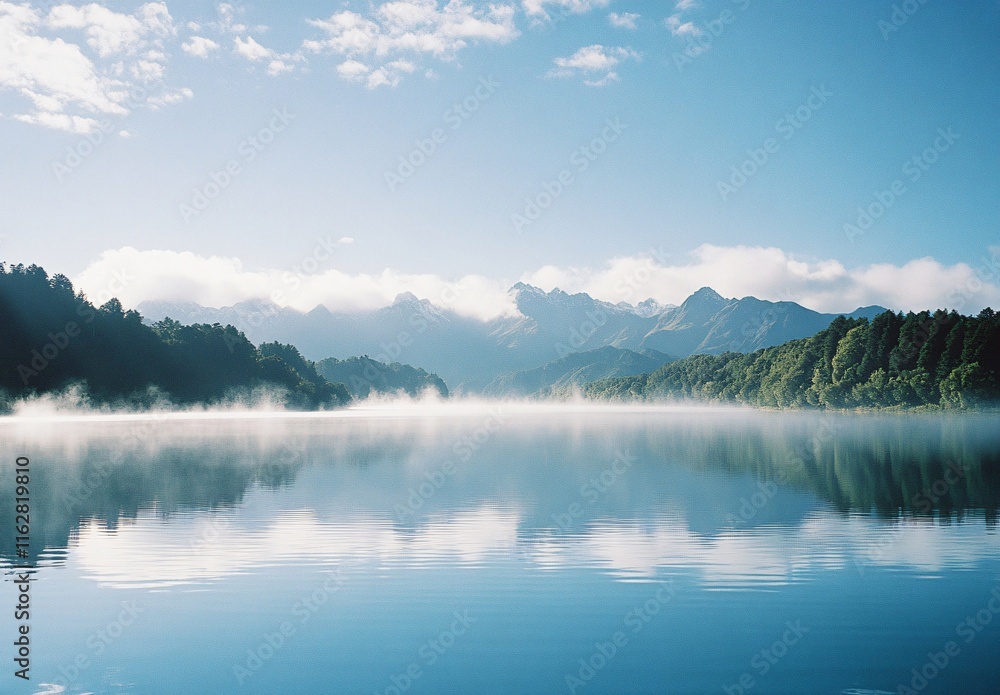 Fototapeta premium Serene Misty Lake Morning: Mountain Reflections