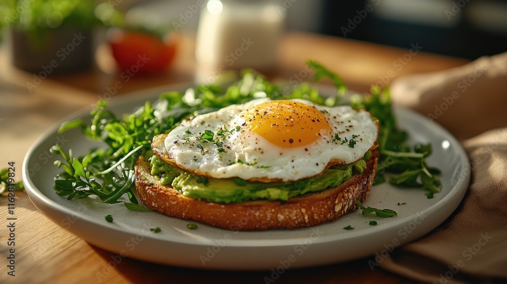 An open sandwich featuring avocado and egg on toast, served with fresh green salad from the side. An open sandwich featuring avocado and egg on toast, served with fresh green salad from the side.