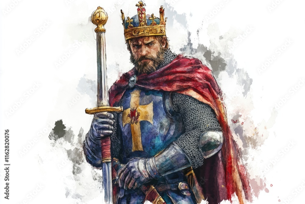 Obraz premium A regal figure holds a sword, wearing a crown