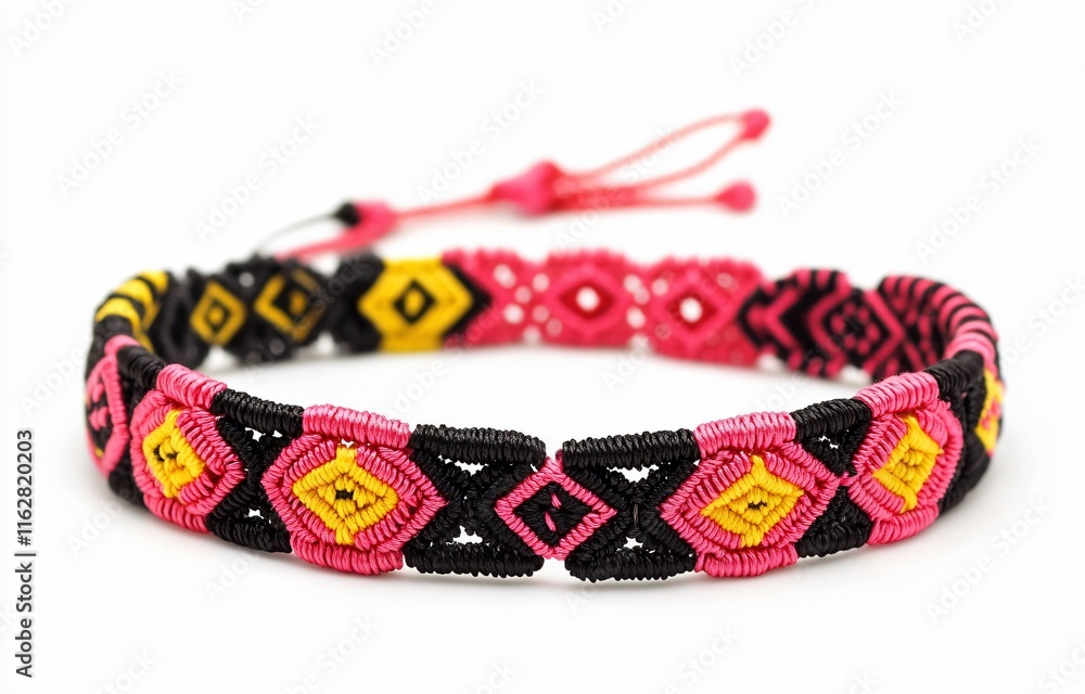 Fototapeta premium Vibrant Pink, Black, Yellow Woven Friendship Bracelet