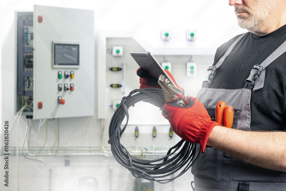 Obraz premium Man is electrician. Electrical engineer. Cropped foreman near power equipment. Wire and pliers in hands of electrician man. Electrical repair specialist. Electrician with e-tablet near power panels
