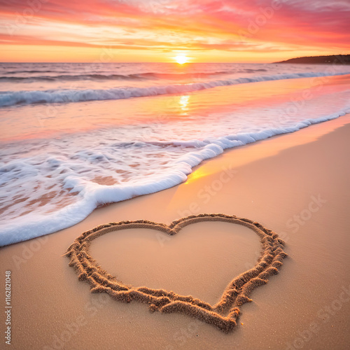 Heart drawn in the sand on a serene beach at sunset. Vibrant skies and gentle waves create a romantic and peaceful atmosphere, ideal for love, travel, or relaxation themes photo