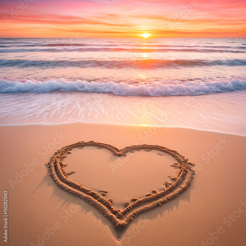 Heart drawn in the sand at sunset with gentle waves approaching. The vibrant sky and serene ocean create a romantic and tranquil scene. Perfect for love and beach-themed projects