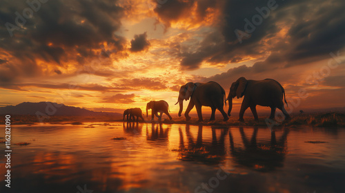 Grupa słoni, od najmniejszego do największego, idzie razem przez sawannę, otoczona cichą atmosferą zachodu słońca, tworząc obraz jedności i spokoju.
