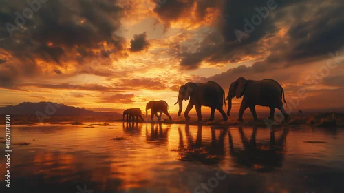 Fototapeta Grupa słoni, od najmniejszego do największego, idzie razem przez sawannę, otoczona cichą atmosferą zachodu słońca, tworząc obraz jedności i spokoju.
