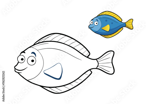 A fun flounder fish coloring page featuring a cute, flat fish with big eyes and a playful smile, surrounded by underwater plants and bubbles, ready for creative coloring!