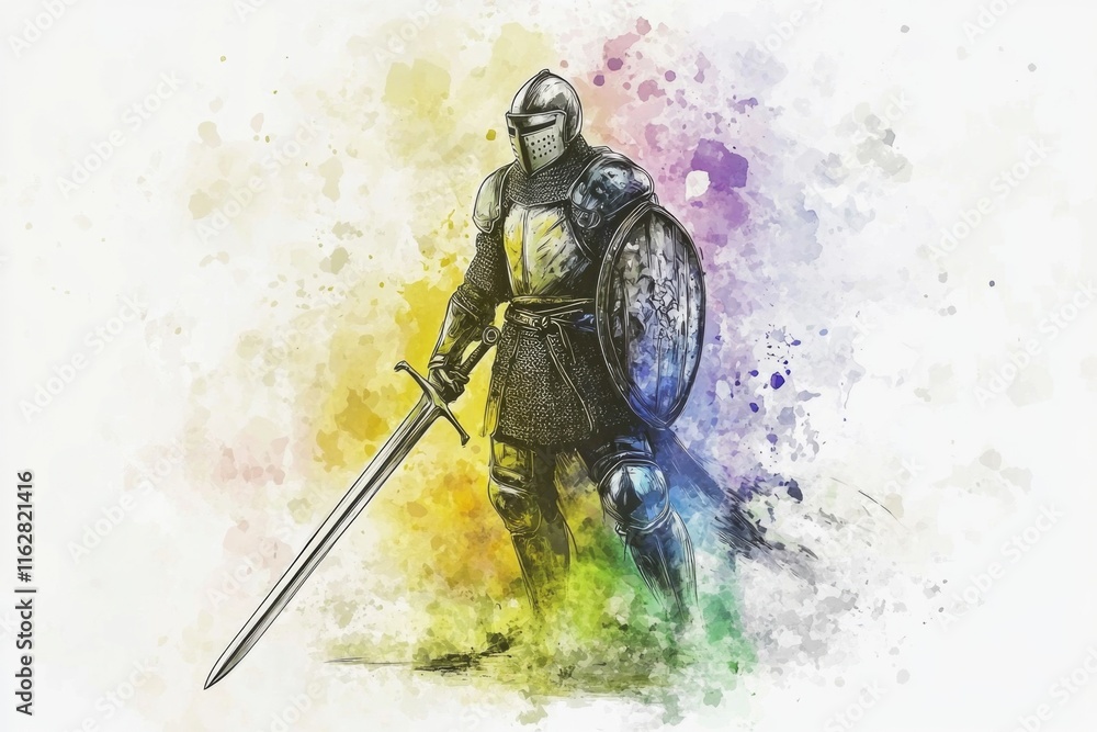 Fototapeta premium Illustration of a knight holding a sword and shield, ready for battle