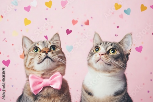 two cats one wearing a pink bow on a pastel pink solid color background, heart confetti, Valentines Day card