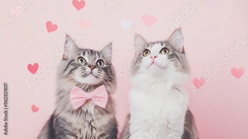 two cats one wearing a pink bow on a pastel pink solid color background, heart confetti, Valentines Day card
