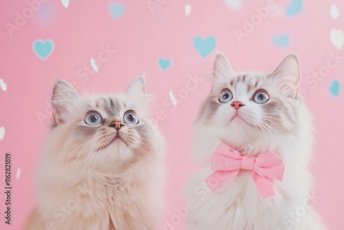 two cats one wearing a pink bow on a pastel pink solid color background, heart confetti, Valentines Day card